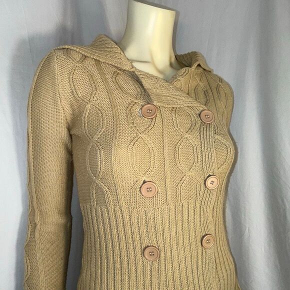 Vintage Derek Heart Camel Cable-Knit Sweater Coat | Longline Button-Up Cardigan - Picture 3 of 13